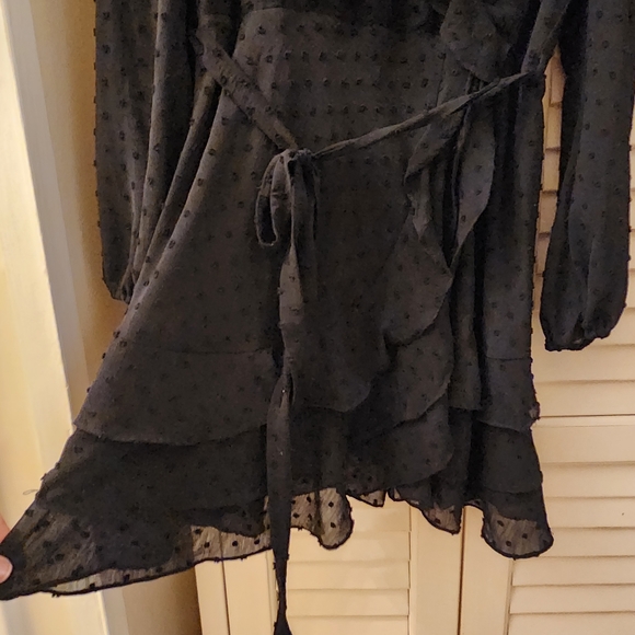 BARDOT Triple Frill Long Sleeve Polka Dot, Chiffon Mini Dress, Black, SZ 16 - Picture 9 of 11